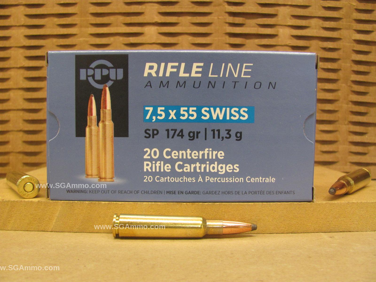 20 Round Box - 7.5x55 Swiss 174 Grain Soft Point Prvi Partizan Ammo - PP7SS